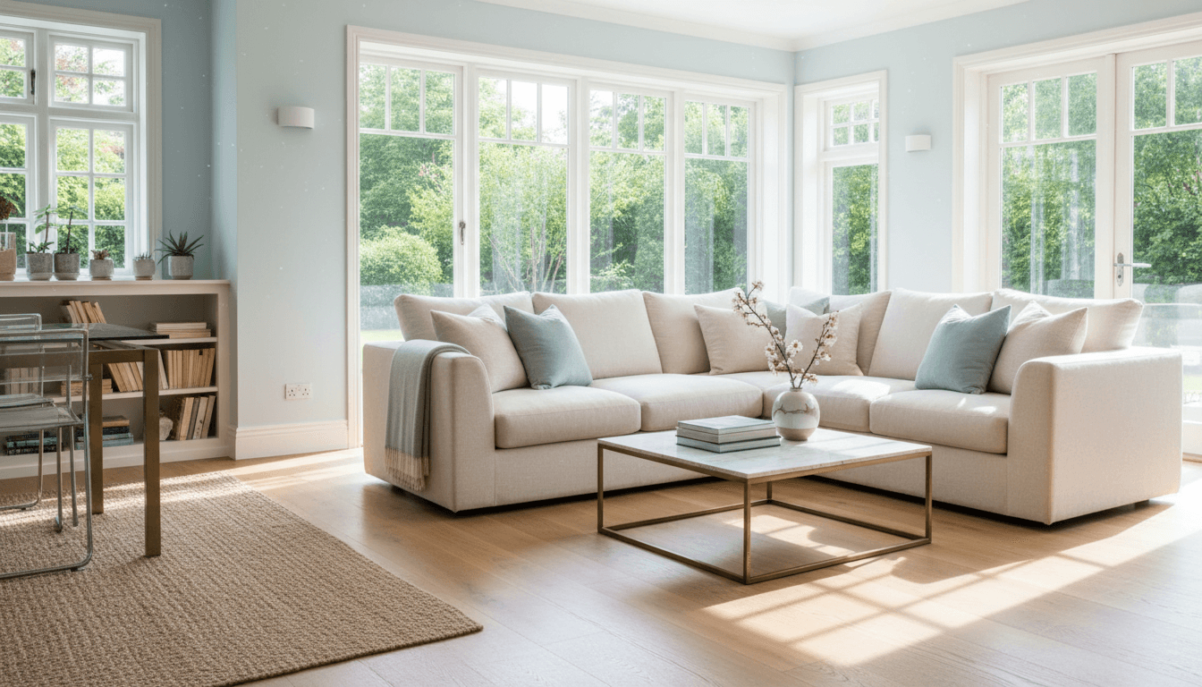 Bright sunlit living room with freshly cleaned surfaces and polished hardwood floors