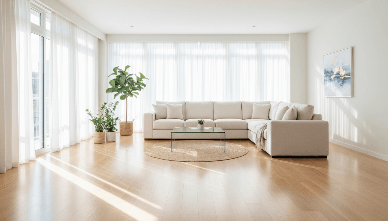 Bright living room with sunlight and clean floors