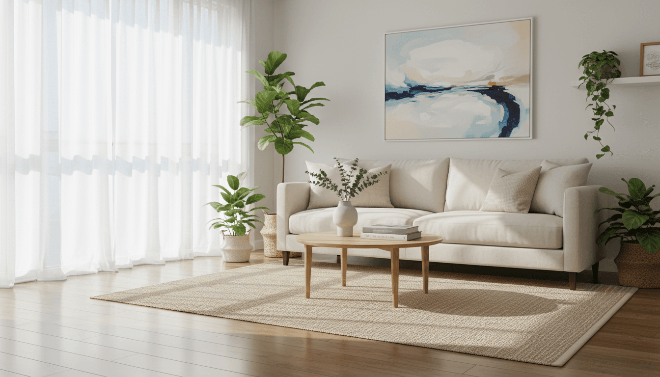 Sunlit living room with neatly fluffed cushions and a clean coffee table