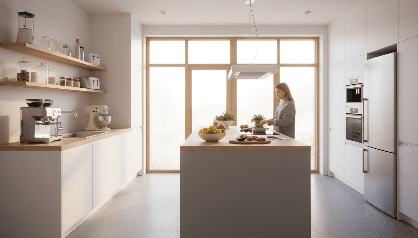 Bright kitchen with polished countertops and an open window