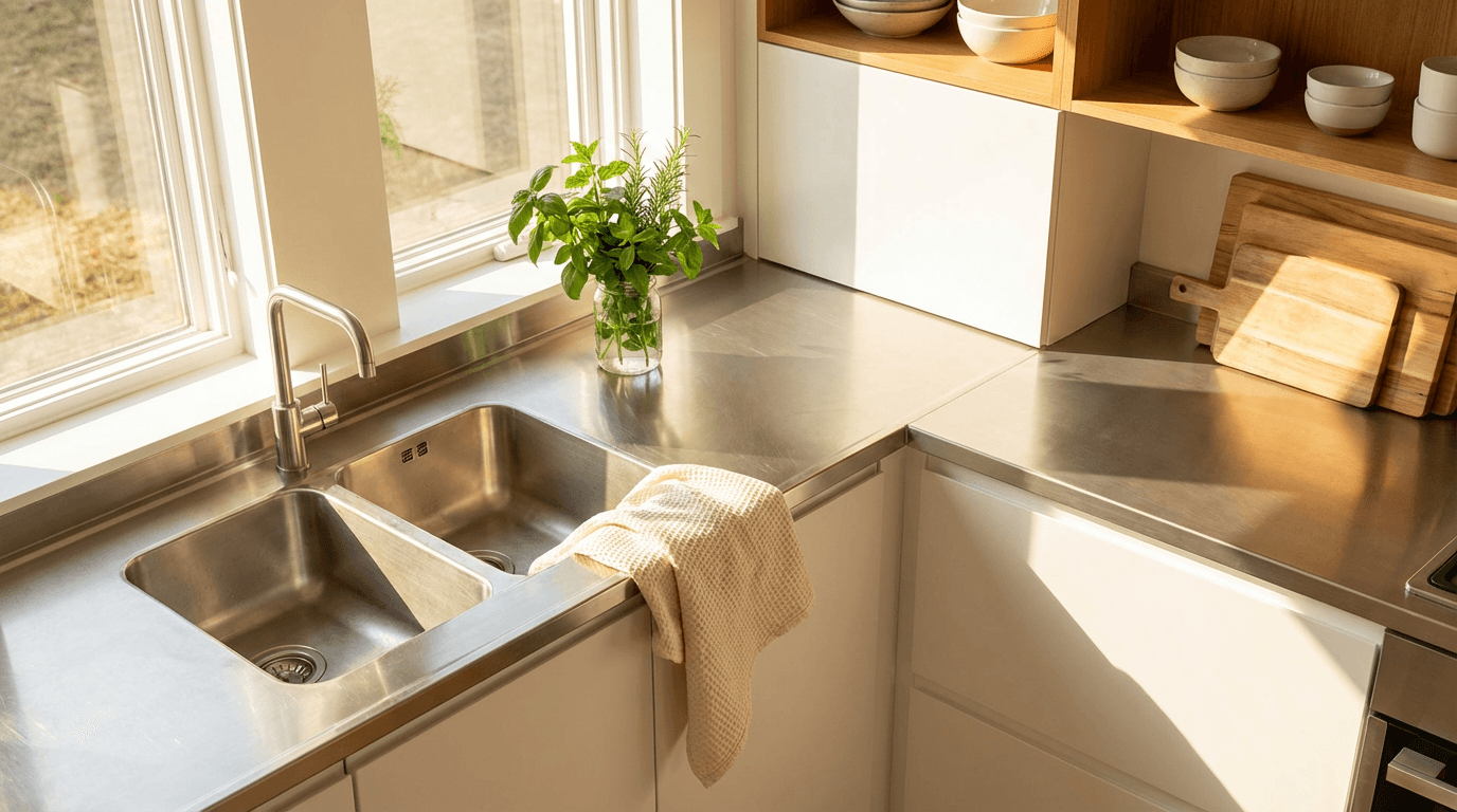 Professional cleaner wiping a kitchen counter in a bright, clean home