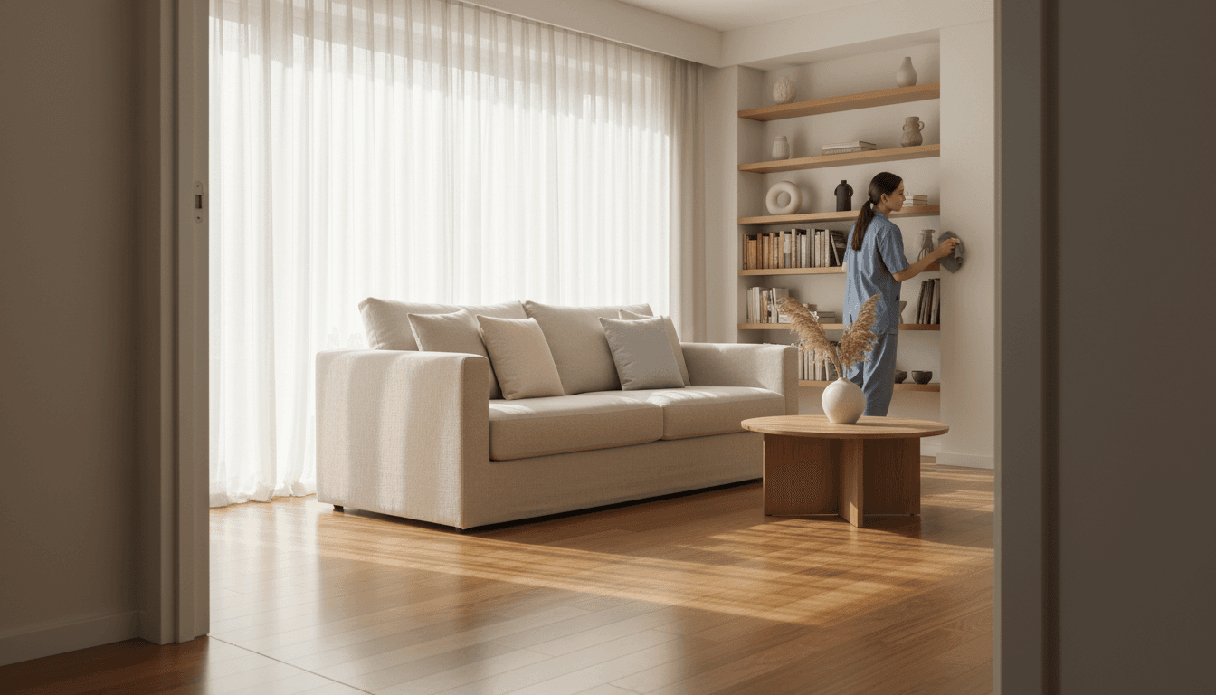 A bright, spotless living room in Toronto with sunlight streaming through the windows