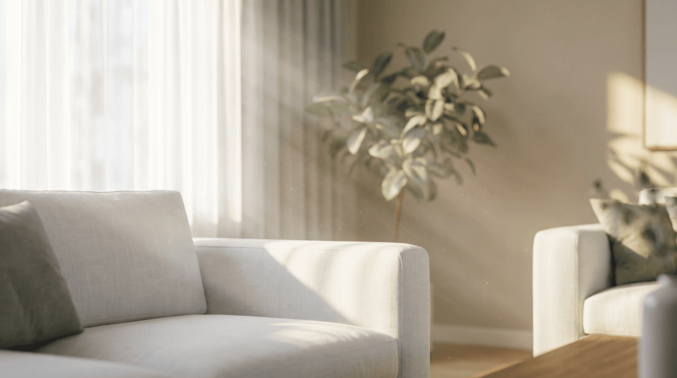 Professional cleaner holding cleaning supplies in a sunlit modern living room