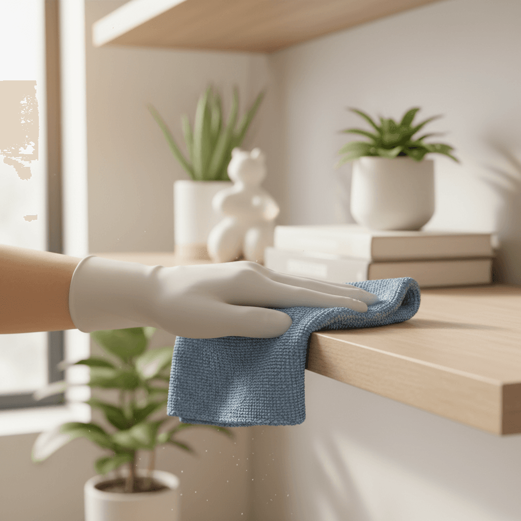 Hands in yellow gloves wiping a wooden coffee table with a microfiber cloth while sitting in a lampshade-lit living room